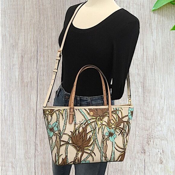TORY BURCH NATURE PRINTED CANVAS TOTE FLOWERS PALMS BROWN TURQUOISE CREAM - Picture 5 of 12